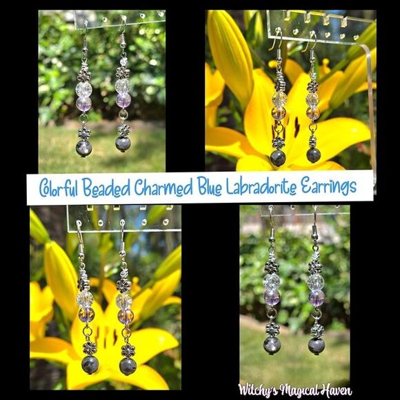 Blue Labradorite Gem Color Beaded Gemstone Flower Charm Earrings - Picture 1 of 10